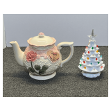 Garden Ridge floral themed teapot, also includes a small ceramic battery powered Christmas tree, see pictures for details.