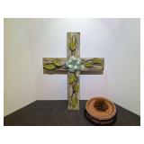 Rustic wooden wall cross, also includes a custom-made box housing floral accessories, see pictures for details.
