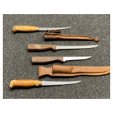 Knives, four pieces, includes two fillet knives with sheath, see pictures for details.