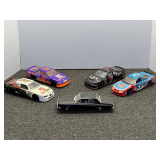 NASCAR replicas, #43, #7, #28, and #37. Also includes a vintage model sedan, five pieces total, see pictures for details.