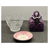 Crystal candy/nut dish with frosted hearts, also includes a decorative David’s cookies jar, this piece was broken but repaired, and more. Three pieces total, see pictures for details.