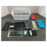 Assorted Samsung cell phones and accessories, tub is not included, see pictures or details.