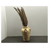 Southwestern themed chalk ware vase with feathers, there is some chipping on one of the handles, see pictures or details.
