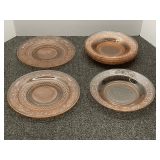 Vintage pink glass plates and bowls, believed to be made by KIG Indonesia with a Fleur De Lis Trellis or diamond flower pattern. Two plates, and five bowls, see pictures for details.