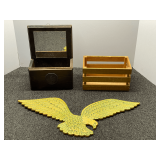 Wall mount catch all box with eagle medallion, also includes wooden eagle wall decor, and slatted storage box. See pictures for details.