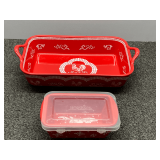 Temp-tations Doodle Doo rooster-themed rectangular ceramic baker, also includes Temptations Whimsical Chef Friends mini loaf pan, see pictures for details.