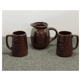 Vintage brown glazed Marcrest mugs, also includes a vintage brown glazed stoneware pitcher, see pictures for details.