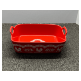 Temp-tations square handled casserole baker in the red Doodle-Do rooster pattern. See pictures for details.