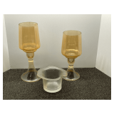 Top hat' style vase/candle holder, believed to be vintage Pilgrim glass, also includes two footed hurricane candle lamps, one is cracked, see pictures for details.