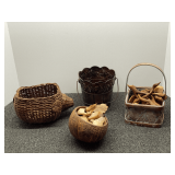 Decorative baskets and more with assorted rocks/shards, interlocking wooden tripod stands, and more. See pictures for details.