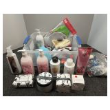 Assortment of personal care items to include kneehighs, Beekman soap and body cream, sugar scrub, hand lotions, and more. See pictures for details.