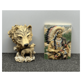 Wolf sculpture, also includes a Native American wall plate, see pictures for details.
