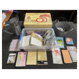 Personal office items and home decor to include assorted notepads with pens, greeting cards, decorative storage box with notepads, journals, and much more. See pictures for details.