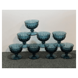 Vintage sherbet dishes, believed to be vintage Indiana Glass Whitehall cubist sherbet dish in 'Riviera Blue”, set of eight, see pictures for details.