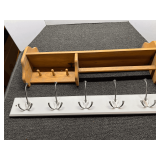 Wooden knickknack/curio shelf with towel bar, also includes a wall mount coat hook rack, see pictures for details.