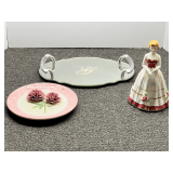 Lovely peony wall plate, there are a few chips in the “flower” petals, mirrored dresser tray, and vintage porcelain figurine, see pictures for details.