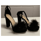PAIR BLACK SUEDE TALL STACKED AFTER 5 SHOES W/ FEATHER ACCENTS - SIZE 10-10 1/2 (GENTLY WORN)