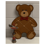 PLUSH BEAR PHOTO WALL HANGER 19" LONG X 14" WIDE & FOLK ART WOOD PAINTED BIRD 10 1/2" TALL