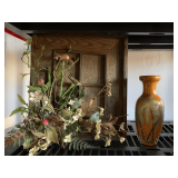 WOOD WALL DECOR WITH FLORAL 14" WIDE X 16" TALL X 5" DEEP AND POTTERY VASE WITH PALM TREES 9 3/4" TALL