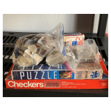 CHECKERS BOARD GAME, SEALED 1000 PIECE PUZZLE, POKER CHIPS & PLAYING CARDS