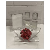 GLASS CURVED PICTURE FRAME 14" X 9 1/2" & HEAVY PLASTIC FLOWER BOWL W/ ROSE BALL 11 1/2" WIDE