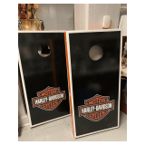PAIR OF HARLEY DAVIDSON WOOD CORN HOLE BOARDS 48 3/4" LONG X 24" WIDE X 4" DEEP