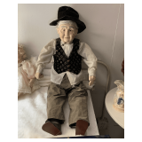 VINTAGE SOFT SCULPTURE W/ PORCELAIN HANDS, FEET, ARMS, FACE OLD MAN "GRANDPA" 36" TALL