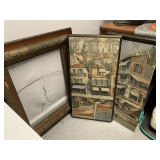 ANTIQUE LARGE WOODEN FRAME (SOME DAMAGE) 26X30 & PAIR OF DECORATIVE WALL HANGINGS 14 3/4" X 29" (ONE NEEDS REPAIR)