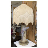 VERY HEAVY VINTAGE PLASTER/METAL/CERAMIC PARROTT TALL TABLE LAMP W/ BROCADE FRINGE SHADE 36" TALL X 18" WIDE