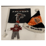ATLANTA FALCONS CAR FLAG, CAROLINA SOCK MONKEY & NEW TIGERS BEAR CHRISTMAS HAT