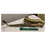 VINTAGE HEAVY BRASS SAXOPHONE 32" LONG & HOHNER MELODY BLOCKFLOTE FLUTE