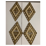 SET OF 4 MID CENTURY GOLD/IVORY FLOWER WALL PLAQUE 14" X 8 1/2"