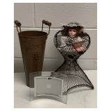 WIRE BUST DISPLAY 12" TALL, GLASS FRAME, METAL SLENDER BUCKET 13 1/2" TALL & PORCELAIN DOLL "ROSA" WITH COA 12"
