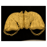 RUNWAY COUTURE ANIMAL COWBOY STATEMENT VINTAGE LARGE DOUGLAS PAQUETTE BELT BUCKLE - HORSES HEADS W/ CHAIN & BRINDLES