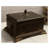 ORNATE VERY HEAVY VELVET LINED BOX W/ BRASS ACCENTS 16" LONG X 13" DEEP X 11 1/2" TALL