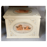 VINTAGE CREME CHERUB STORAGE BOX (ONE HINGE LOOSE) 20" LONG X 16 1/2" WIDE X 14 1/2" TALL