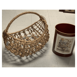 NICE LARGE WOVEN JUTE BASKET 22" LONG X 14 1/2" WIDE X 17 1/2" TALL & WINE METAL TRASH CAN W/ "MARCH" PRINT 13 1/2" TALL X 10" WIDE
