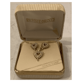 GOLD TONE CHAIN 16" LONG W/ CRYSTAL HEART & MATCHING CRYSTAL HEART PIERCED EARRINGS IN ORIGINAL BOX