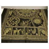 VINTAGE BLACK/GOLD NAKSHI KANTHA EMBROIDERED WALL TAPESTRY MADE IN BANGLADESH 63" X 78"