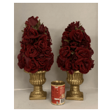 PAIR GOLD CERAMIC URNS W/ RED ROSE FLORAL TOPIARY 18" TALL
