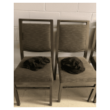 2 WESTIN HOTEL LINE BRONZE METAL CHAIRS WITH DARK BROWN UPHOLSTERY W/ 2 BLACK STRETCH CHAIR COVERS 17" WIDE X 17" DEEP X 37" TALL
