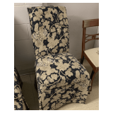 SKIRTED PARSON STYLE HOSTESS CHAIR BLACK/TAN GRAPE PATTERN UPHOLSTERY THICK PADDED CUSHION & BACK 39" TALL X 21" WIDE X 22" DEEP