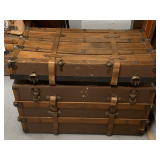 VERY NICE ANTIQUE FLAT TOP PINE/IRON BOUND TRAVELING TRUNK 32" LONG X 19" WIDE X 21 3/4" TALL