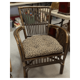 VERY NICE BAMBOO BOHO ISLAND STYLE ARMED SIDE CHAIR W/ LEOPARD CUSHION 27" WIDE X 22" DEEP X 34 3/4" TALL (HAS DAMAGE ON FRONT LEG)