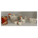 VINTAGE RED LETTER JAPAN TEAPOT WITH SUGAR/CREAMER & SALT/PEPPER SHAKERS - TEA POT 5 3/4" TALL X 8 1/2" LONG