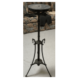 RARE ANTIQUE TALL BLACK IRON PLANT STAND W/ 3 (APPEARS TO BE DRAGON HEADS) & MARBLE TOP 42" TALL X 10" ROUND