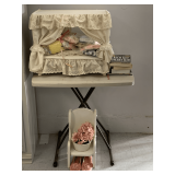 LOT TO INCLUDE CANOPY DOLL BED, ASSORTED BABY CLOTHES, WOODEN SMALL CHAIR/FLOWER POT & 4 BOOKS (TABLE NOT INCLUDED)