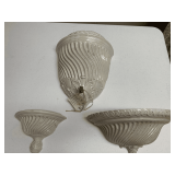 VINTAGE ITALIAN WHITE SWIRL FLUTED LAVABO WALL FOUNTAIN 14" LONG X 12" WIDE & 2 MATCHING SINK FOUNTAINS (LARGE 13" LONG X 7" WIDE, SMALL 6" LONG X 8" WIDE" - HAS SMALL CHIP)