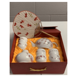 VINTAGE JINGDEZHEN 8 PIECE TEA SET IN ORIGINAL BOX W/ SHIKOKU DAN KOI FISH BAMBOO SMALL FAN
