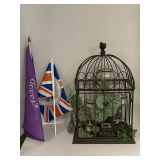 WIRE BIRD CAGE W/ LIGHTED FLORAL 10" X 8" X 19" TALL & TWO 2002 QUEENS GOLDEN JUBILEE FLAGS
